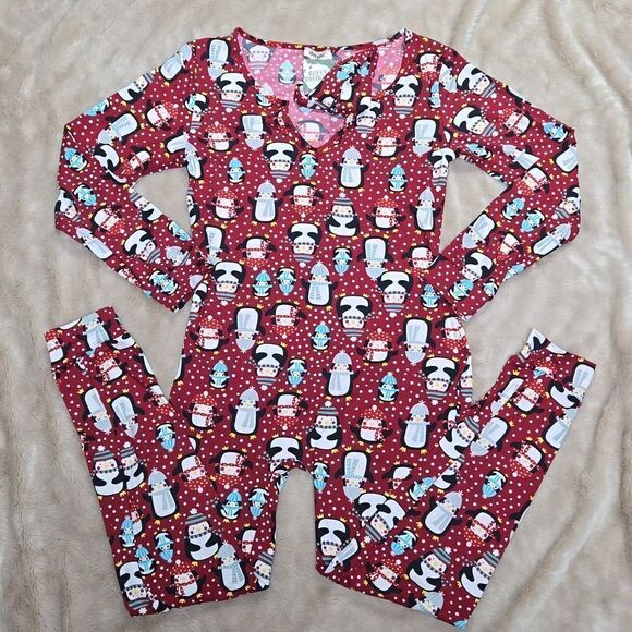 SHOSHO ONE-PIECE PAJAMAS UNION SUIT RED WINTER PENGUINS CHRISTMAS, SIZE XL - NEW - Picture 1 of 10